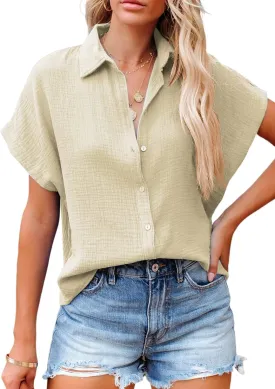 Dokotoo Casual V Neck Button Down Shirts for Women Solid Short Sleeve Blouse Tops