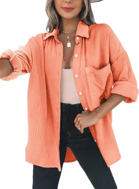 Dokotoo Womens Color Block Button Down Shirts Long Sleeve Oversized Boyfriend Blouses Tops