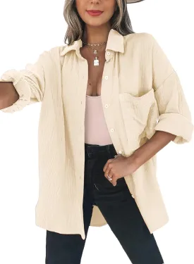 Dokotoo Womens Color Block Button Down Shirts Long Sleeve Oversized Boyfriend Blouses Tops
