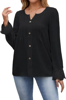 Eddoyee Womens Dressy Casual Long Sleeve Shirt 2025 Fashion Chiffon Lace Lantern Loose Top