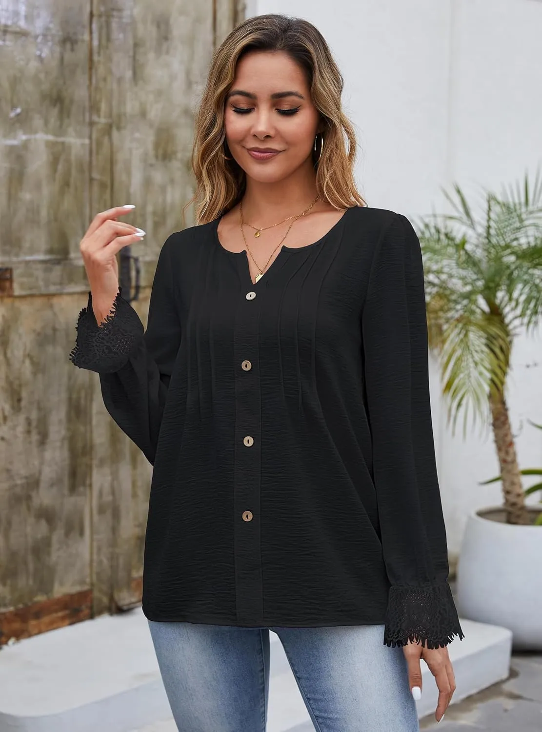 Eddoyee Womens Dressy Casual Long Sleeve Shirt 2025 Fashion Chiffon Lace Lantern Loose Top