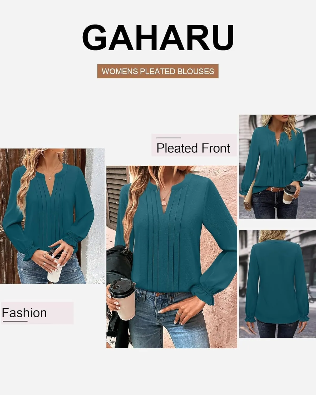 Gaharu Women's Work Blouses Pleated Dressy Tops Long Sleeve V Neck Office Business Shirts Fall Fashion 2024
