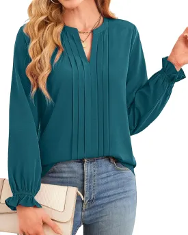Gaharu Women's Work Blouses Pleated Dressy Tops Long Sleeve V Neck Office Business Shirts Fall Fashion 2024