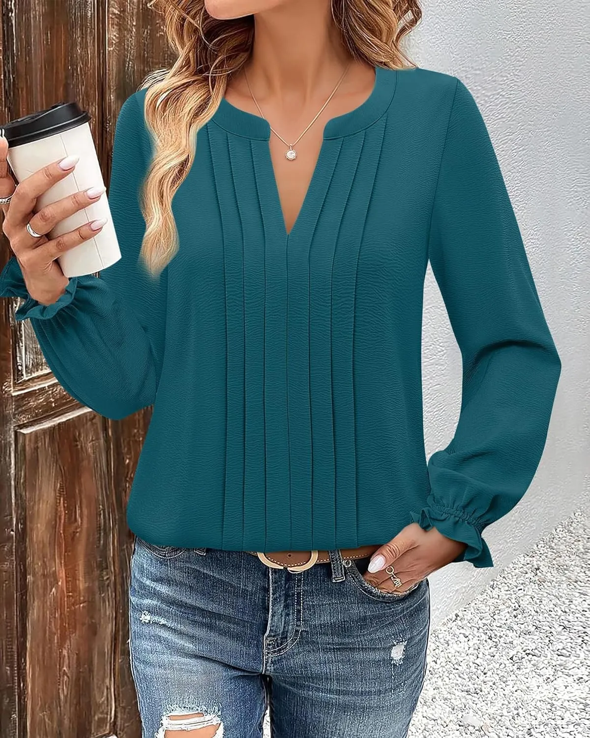 Gaharu Women's Work Blouses Pleated Dressy Tops Long Sleeve V Neck Office Business Shirts Fall Fashion 2024