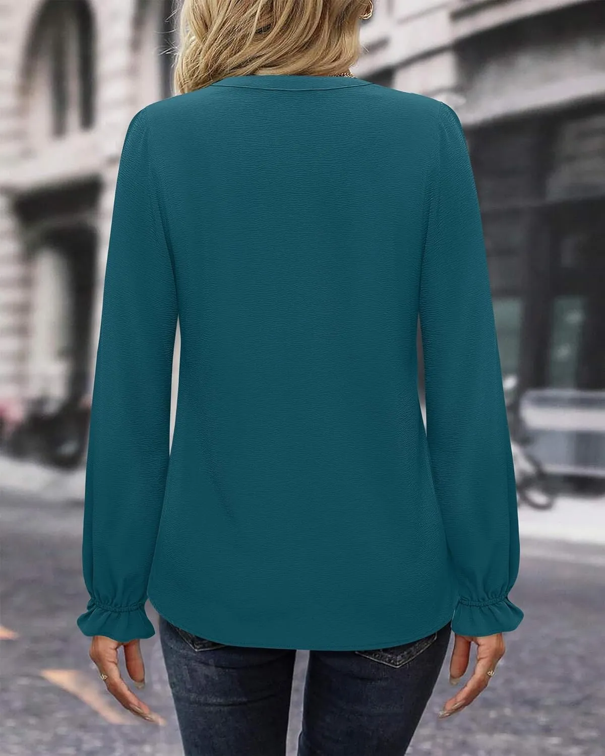 Gaharu Women's Work Blouses Pleated Dressy Tops Long Sleeve V Neck Office Business Shirts Fall Fashion 2024