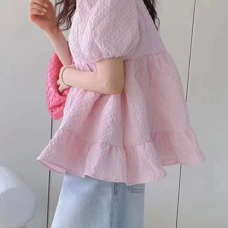 Graduation Gifts   Casual Ruffled Loose Women's Blouse Summer New O-neck Puff Sleeve Woman Shirt Korean Vintage White Tops Lady Blusas Mujer 15517