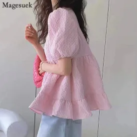Graduation Gifts   Casual Ruffled Loose Women's Blouse Summer New O-neck Puff Sleeve Woman Shirt Korean Vintage White Tops Lady Blusas Mujer 15517