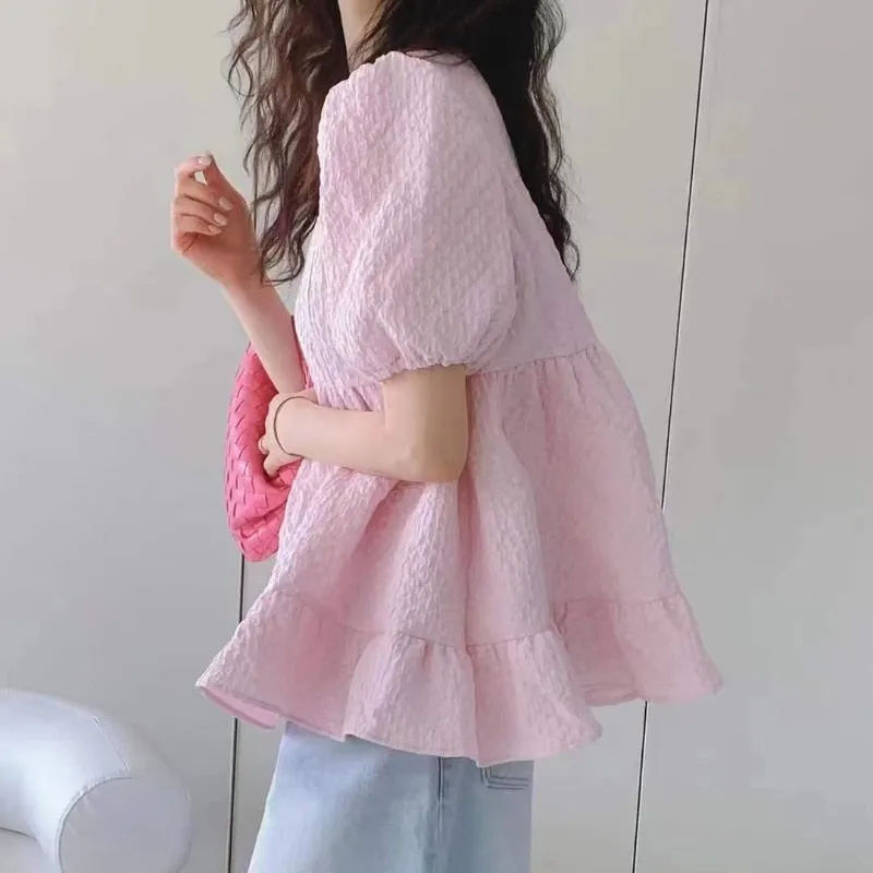 Graduation Gifts   Casual Ruffled Loose Women's Blouse Summer New O-neck Puff Sleeve Woman Shirt Korean Vintage White Tops Lady Blusas Mujer 15517