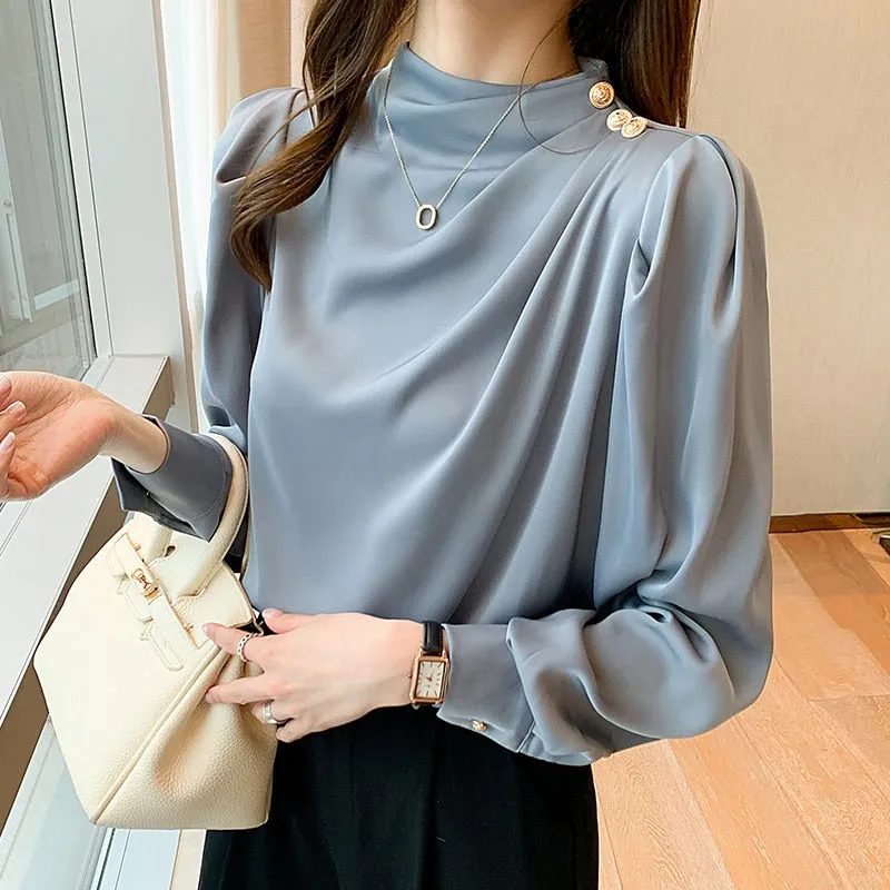 Graduation Gifts Elegant Korean Stand Collar Lantern Sleeve Fashion Long Sleeve Shirt Blouse New Zipper Fly Pleated Blouse Plus Size 2XL