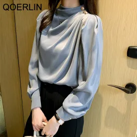 Graduation Gifts Elegant Korean Stand Collar Lantern Sleeve Fashion Long Sleeve Shirt Blouse New Zipper Fly Pleated Blouse Plus Size 2XL