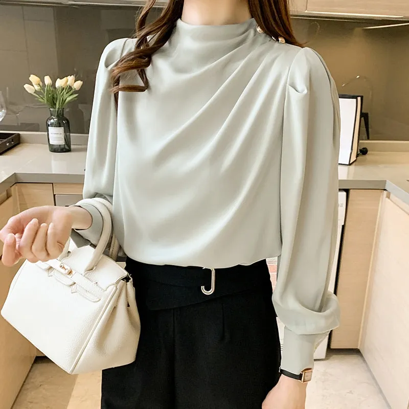 Graduation Gifts Elegant Korean Stand Collar Lantern Sleeve Fashion Long Sleeve Shirt Blouse New Zipper Fly Pleated Blouse Plus Size 2XL