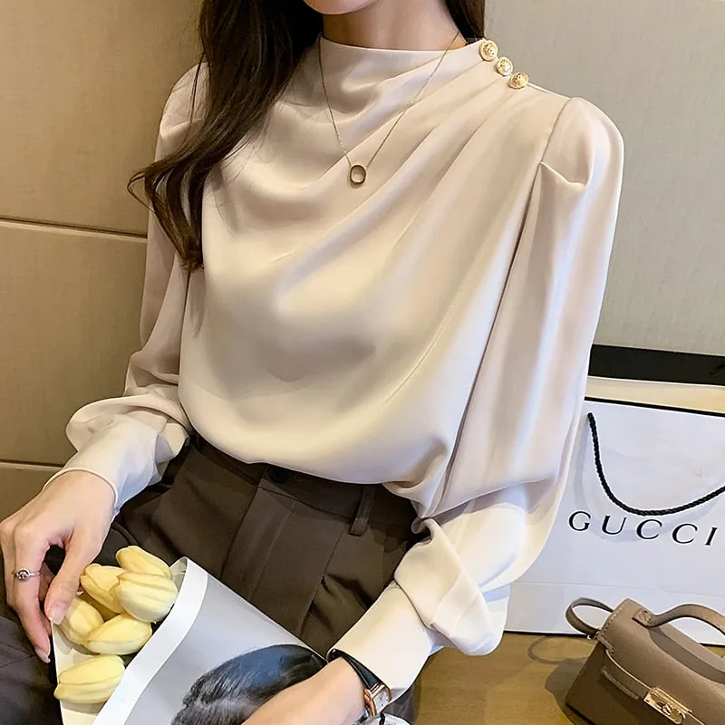 Graduation Gifts Elegant Korean Stand Collar Lantern Sleeve Fashion Long Sleeve Shirt Blouse New Zipper Fly Pleated Blouse Plus Size 2XL