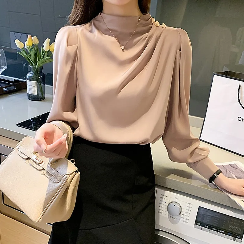Graduation Gifts Elegant Korean Stand Collar Lantern Sleeve Fashion Long Sleeve Shirt Blouse New Zipper Fly Pleated Blouse Plus Size 2XL