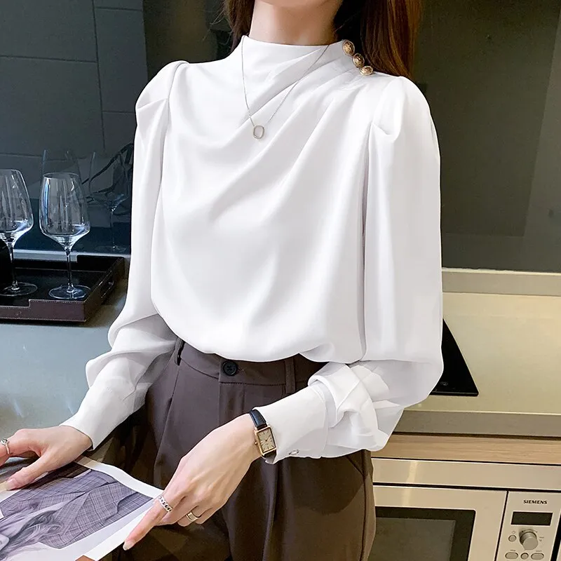 Graduation Gifts Elegant Korean Stand Collar Lantern Sleeve Fashion Long Sleeve Shirt Blouse New Zipper Fly Pleated Blouse Plus Size 2XL