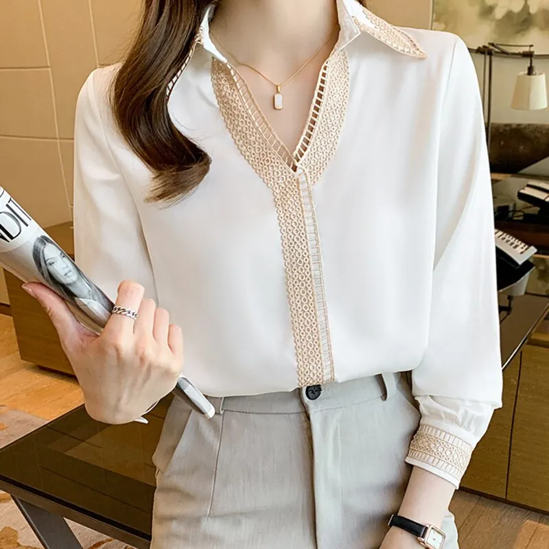 Graduation Gifts   Hollow Out White Embroidery Blouse Women Autumn New Long Sleeve Chiffon Shirt Tops Elegant Lapel V-neck Office Lady Shirts 15939