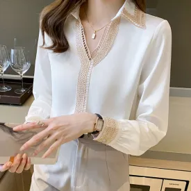 Graduation Gifts   Hollow Out White Embroidery Blouse Women Autumn New Long Sleeve Chiffon Shirt Tops Elegant Lapel V-neck Office Lady Shirts 15939