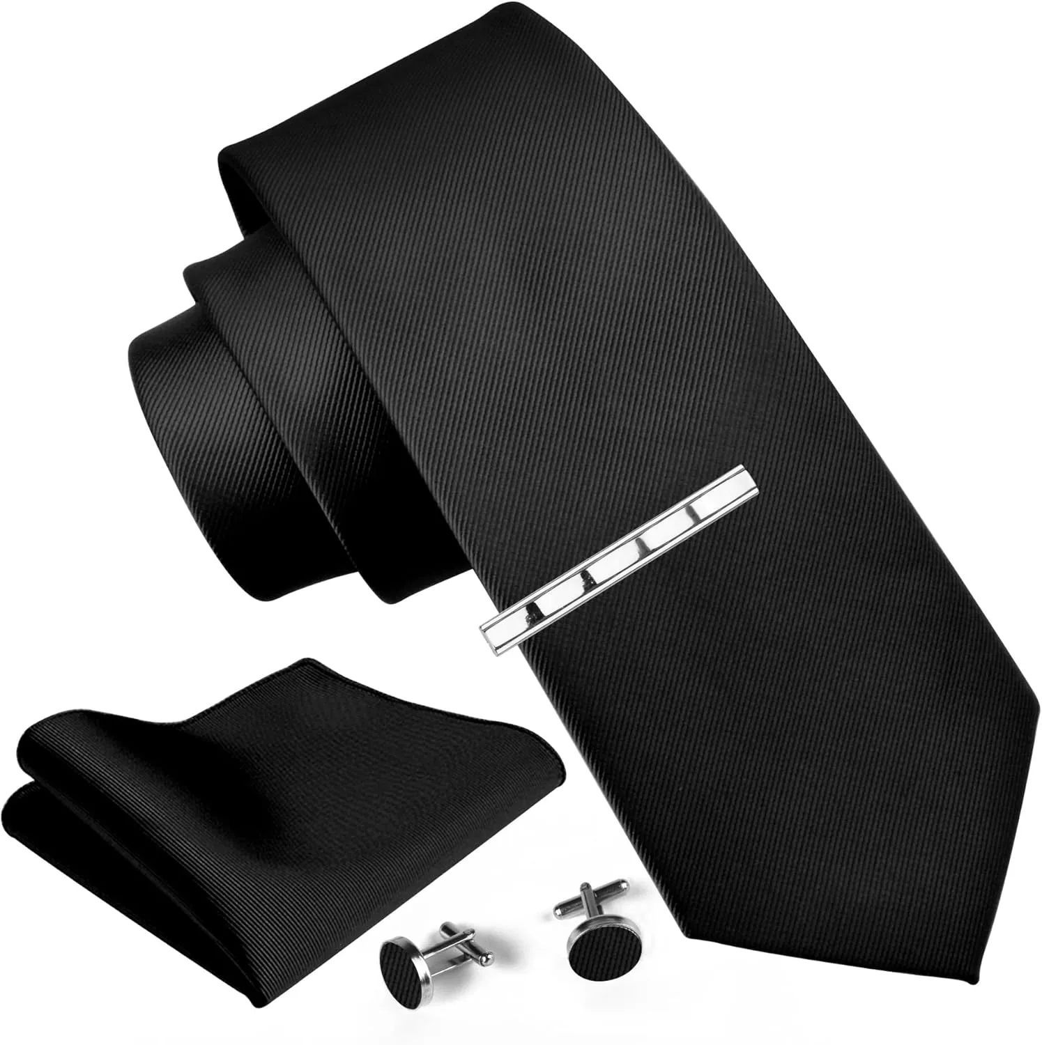 GUSLESON New 3.15"8cm Solid Color Necktie and Pocket Square Cufflinks Clip Set