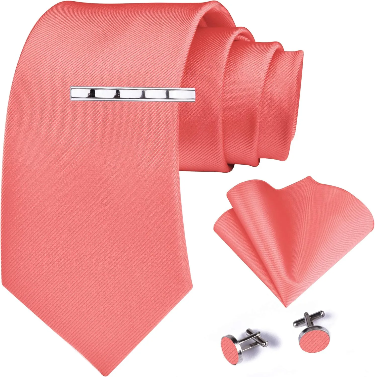 GUSLESON New 3.15"8cm Solid Color Necktie and Pocket Square Cufflinks Clip Set