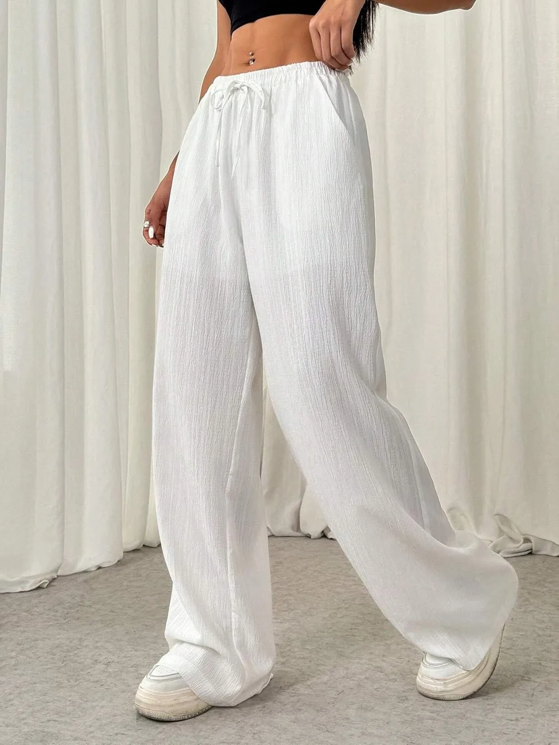 High Elastic Solid Color Drawstring Waist Front Tie Pleated Casual Pants for Work