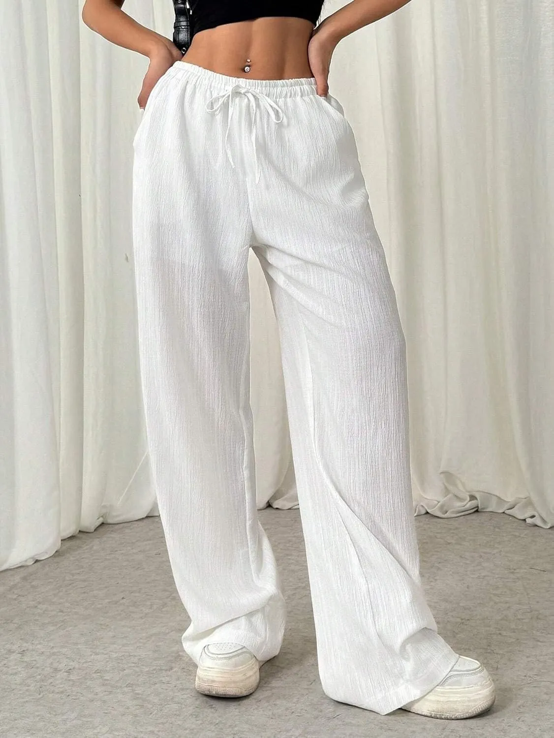High Elastic Solid Color Drawstring Waist Front Tie Pleated Casual Pants for Work