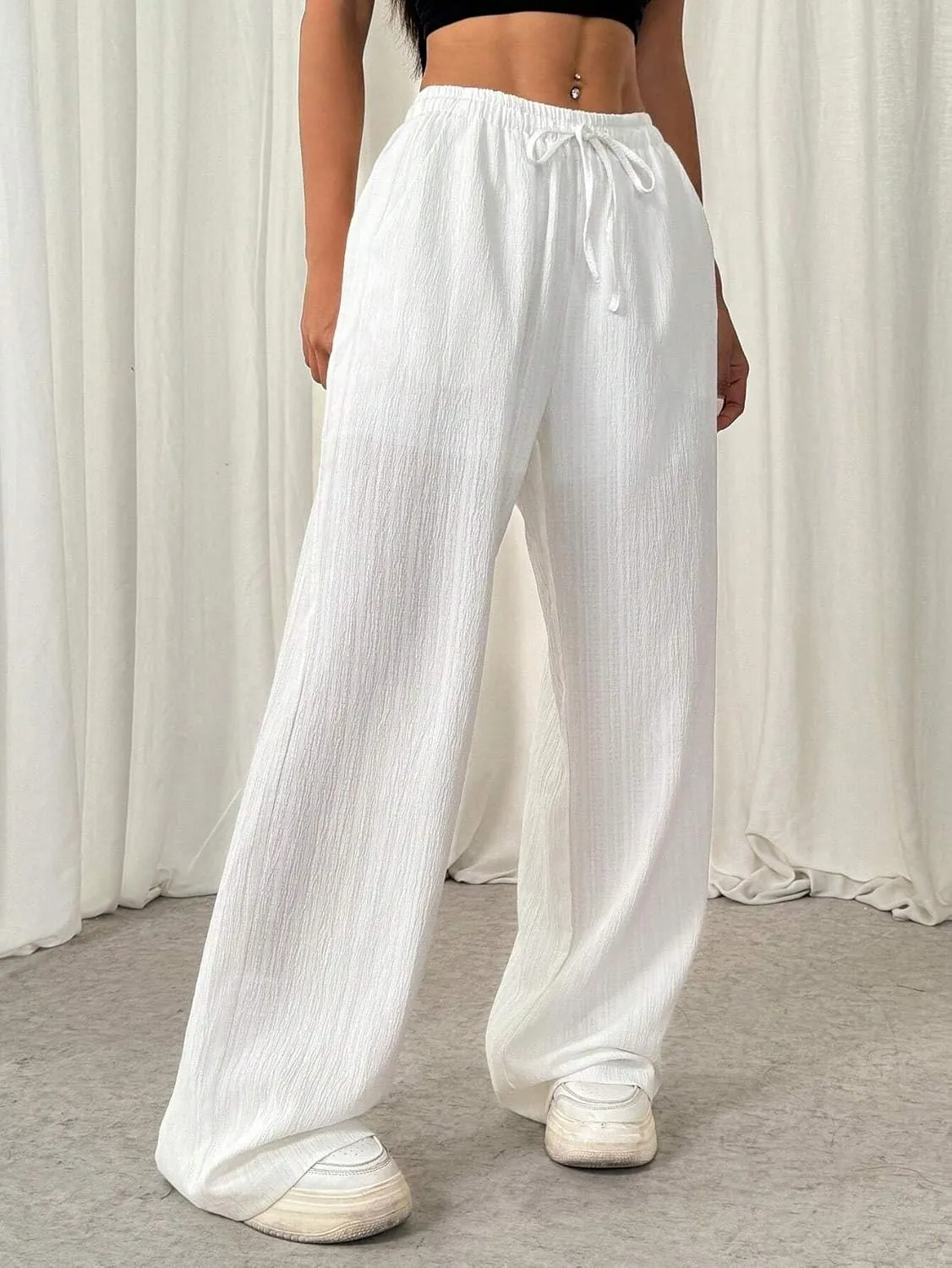 High Elastic Solid Color Drawstring Waist Front Tie Pleated Casual Pants for Work