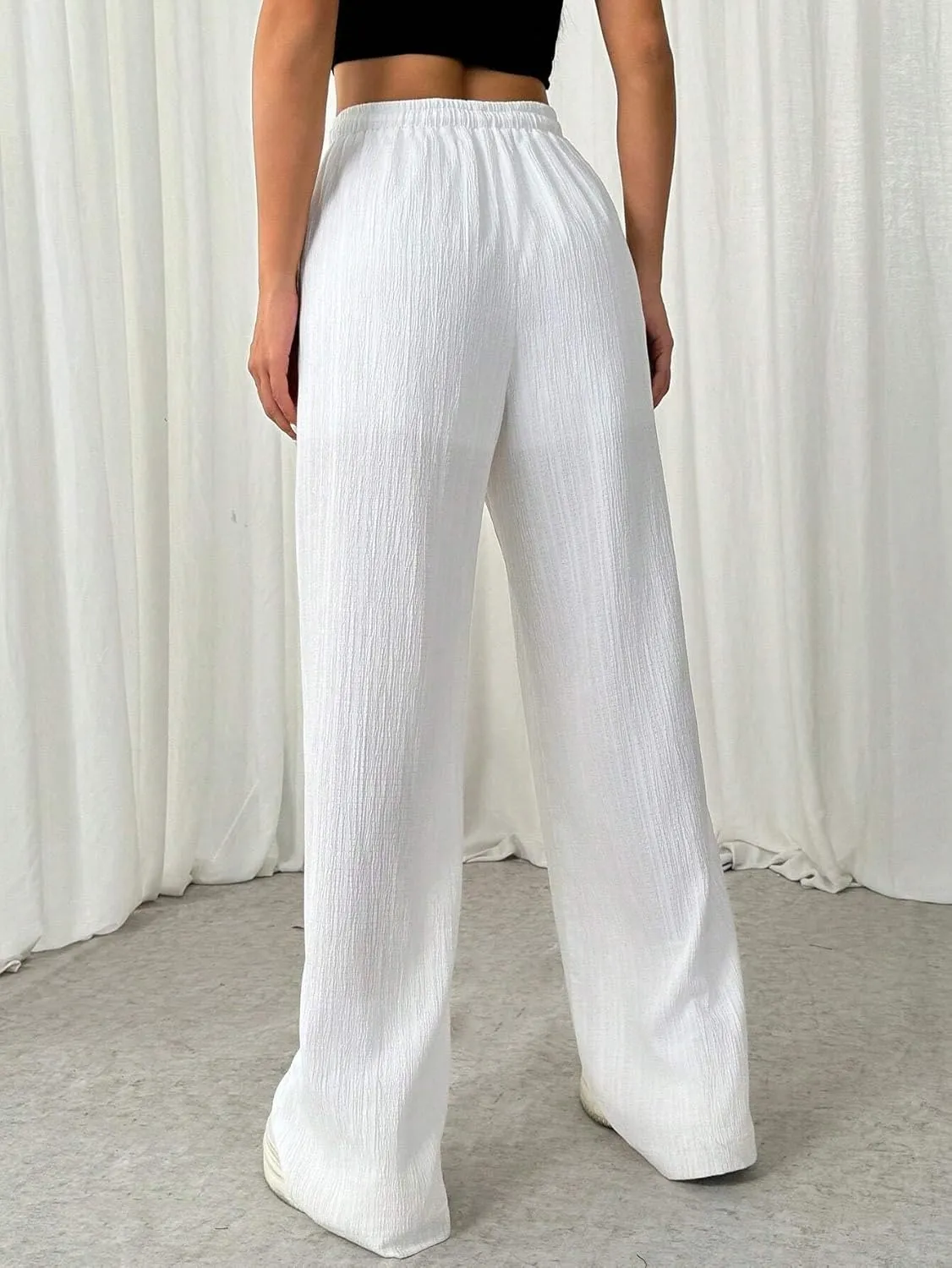 High Elastic Solid Color Drawstring Waist Front Tie Pleated Casual Pants for Work