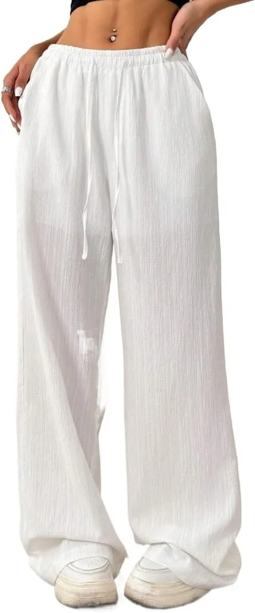High Elastic Solid Color Drawstring Waist Front Tie Pleated Casual Pants for Work