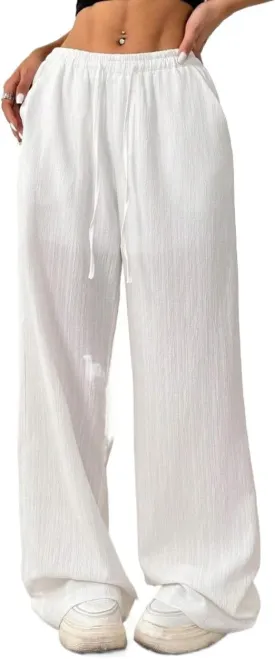 High Elastic Solid Color Drawstring Waist Front Tie Pleated Casual Pants for Work