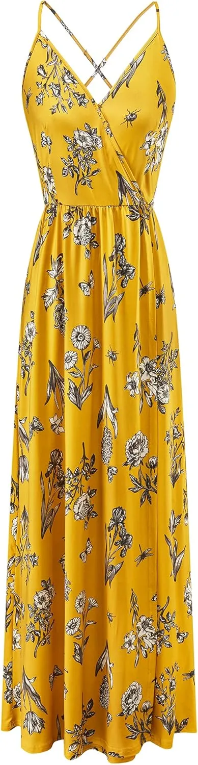 II ININ Women's 2025 Maxi Sundresses Summer Beach Long Wrap V-Neck Floral/Solid Casual Dress for Women