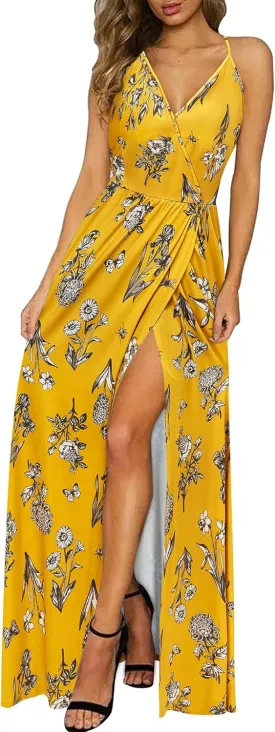 II ININ Women's 2025 Maxi Sundresses Summer Beach Long Wrap V-Neck Floral/Solid Casual Dress for Women