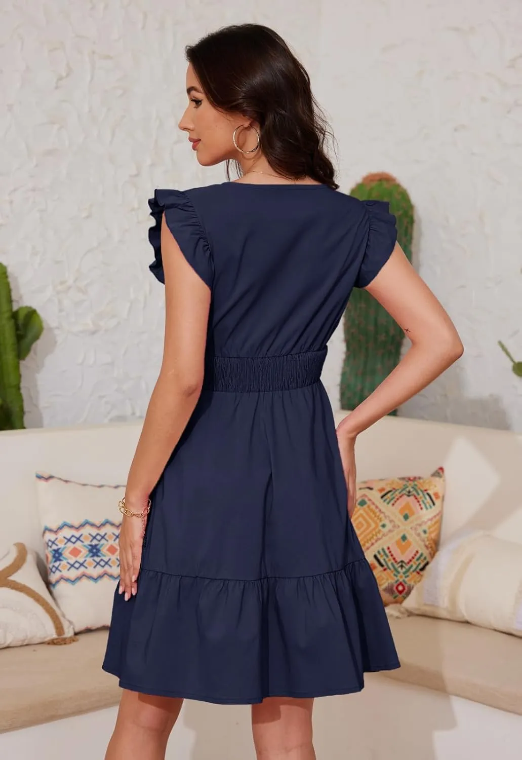 Jayscreate Women's Ruffle Sleeve Layered Dress Pockets Elastic Waist 2025 V Neck Above Knee Summer Casual Cute Dress