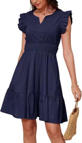 Jayscreate Women's Ruffle Sleeve Layered Dress Pockets Elastic Waist 2025 V Neck Above Knee Summer Casual Cute Dress
