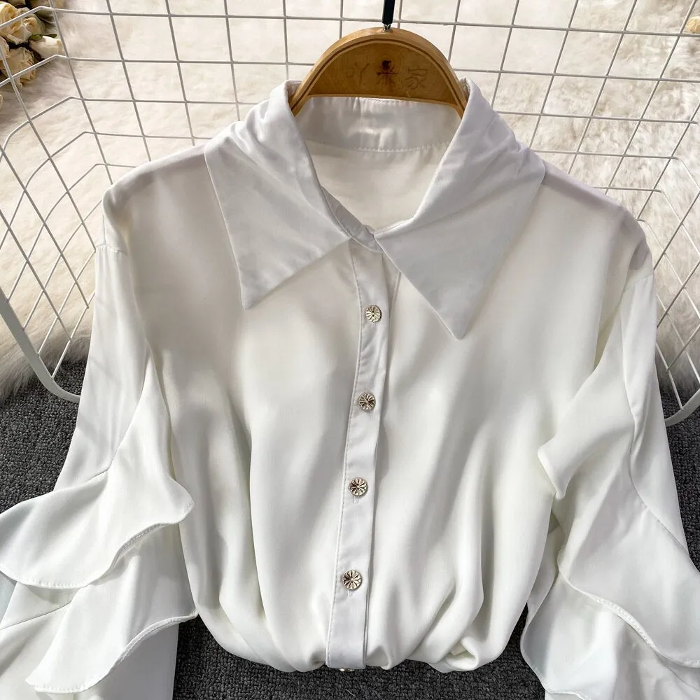 Kenza Solid Lapel collar ruffled Satin Shirt