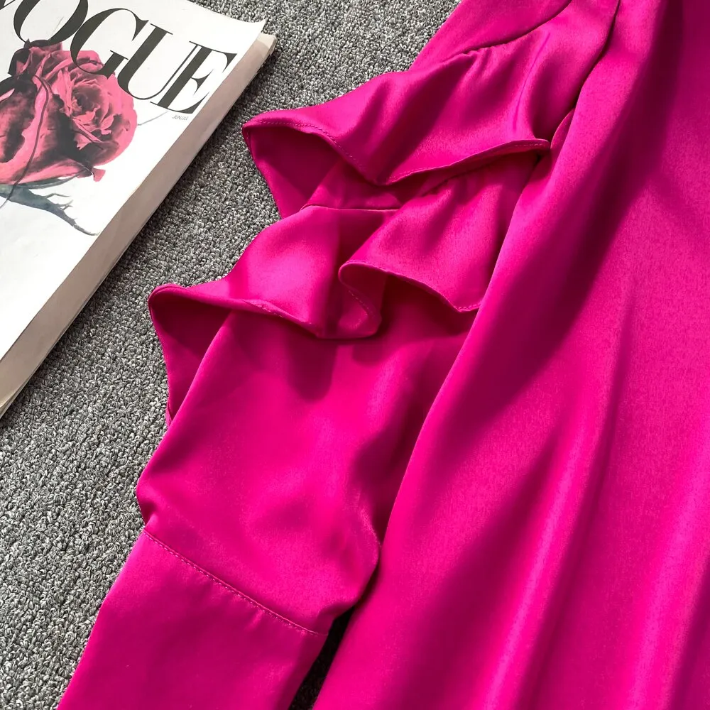 Kenza Solid Lapel collar ruffled Satin Shirt
