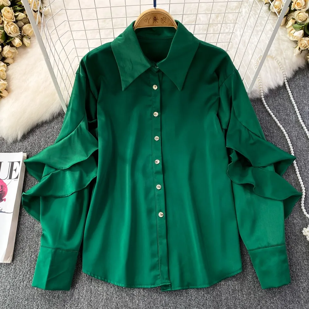 Kenza Solid Lapel collar ruffled Satin Shirt