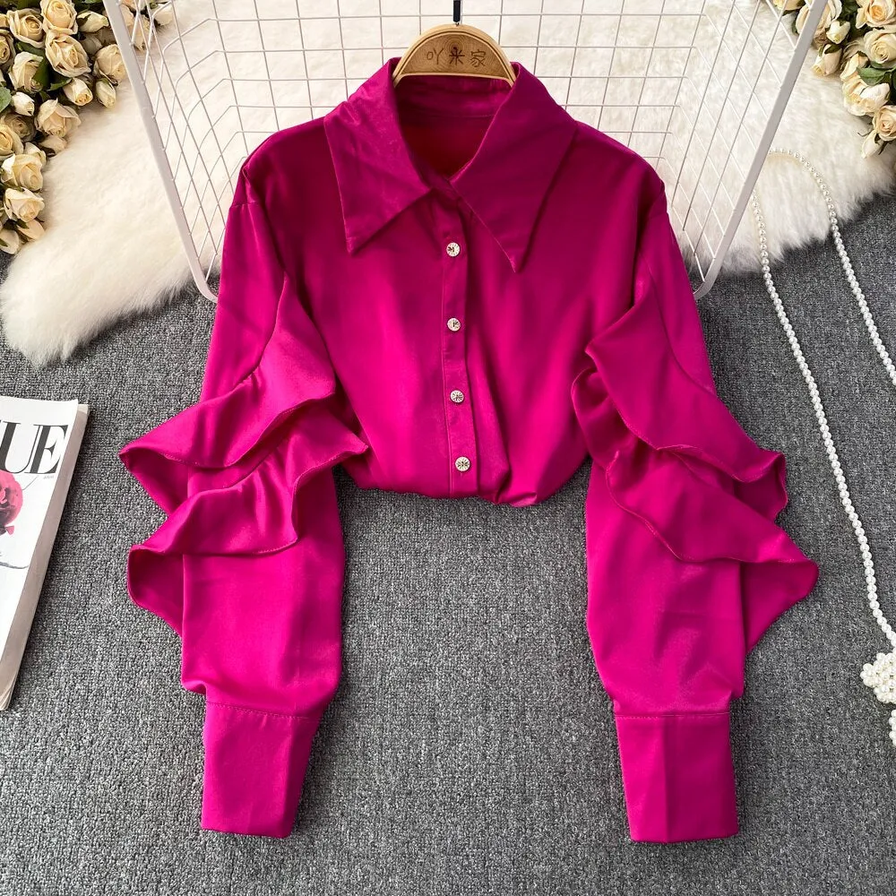 Kenza Solid Lapel collar ruffled Satin Shirt