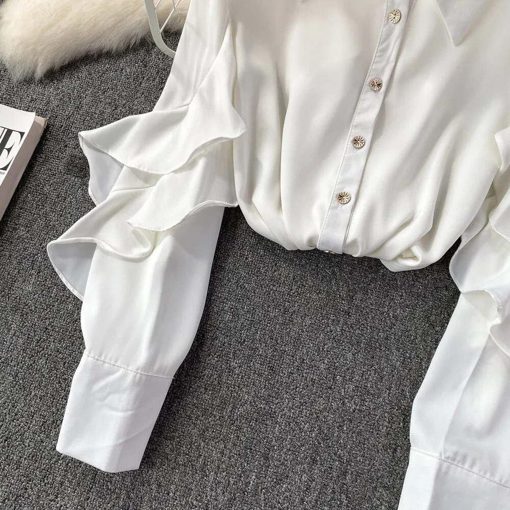 Kenza Solid Lapel collar ruffled Satin Shirt