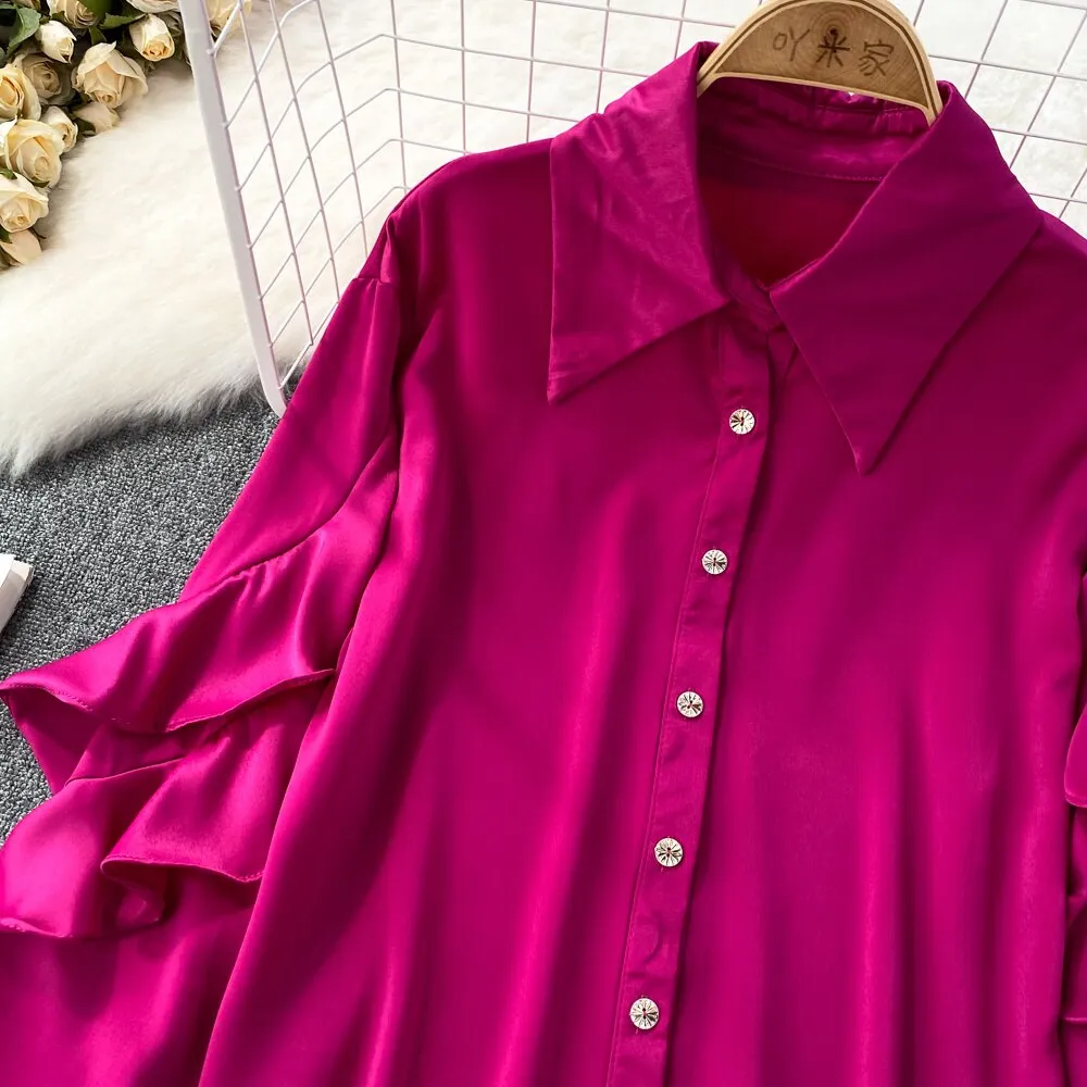 Kenza Solid Lapel collar ruffled Satin Shirt