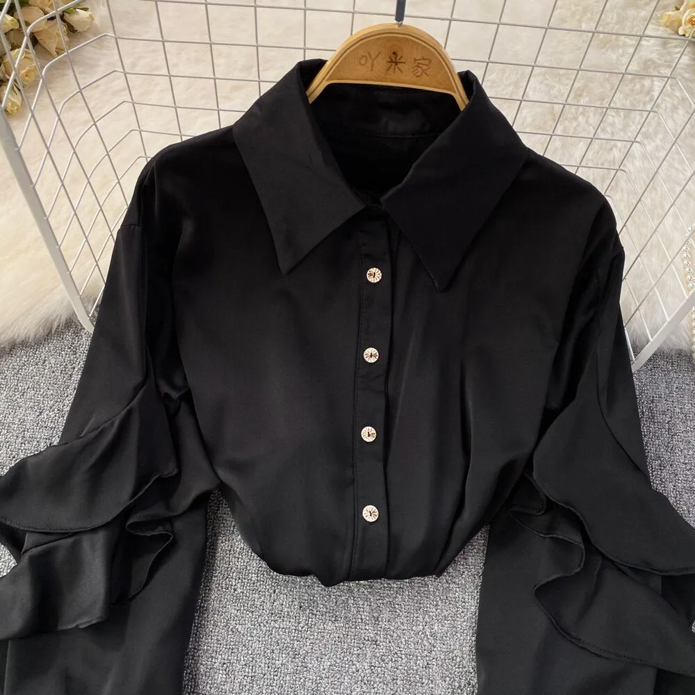 Kenza Solid Lapel collar ruffled Satin Shirt