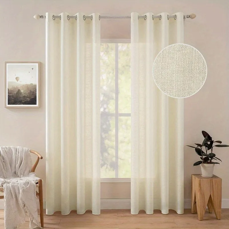 kkboxly 1pc Translucent Polyester Linen Curtains, Grommet Top Window Treatment For Bedroom Living Room Room Dining Room Home Decor