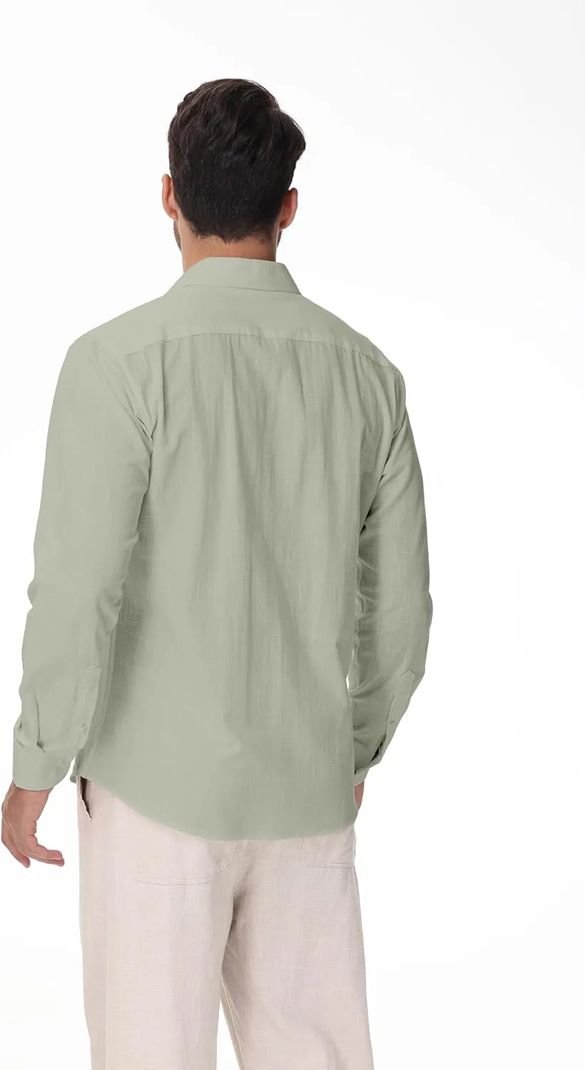 Linen Shirts for Men Casual Button Down Long Sleeve Shirt Solid Summer Beach Hawaiian Shirts