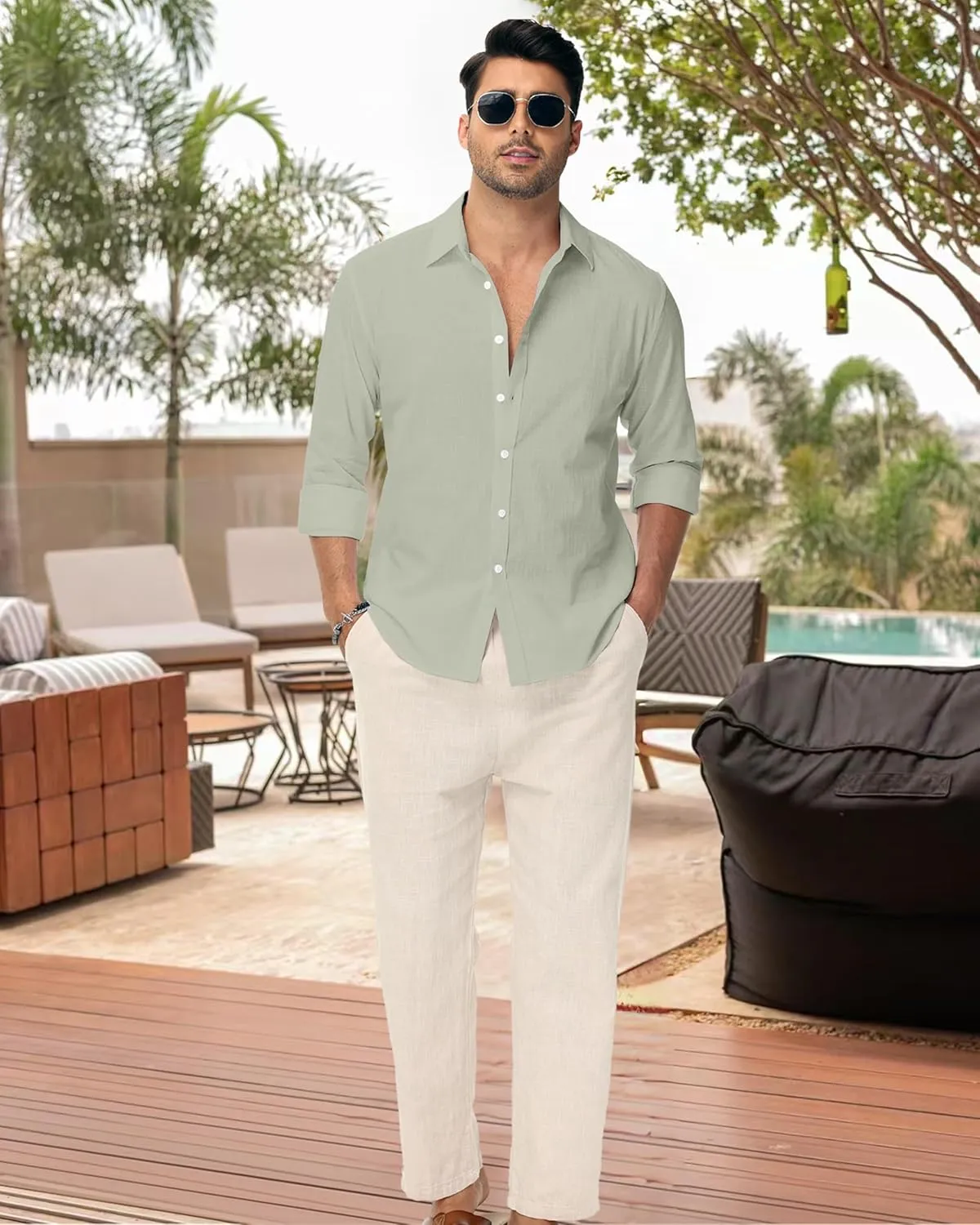 Linen Shirts for Men Casual Button Down Long Sleeve Shirt Solid Summer Beach Hawaiian Shirts