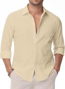 Linen Shirts for Men Casual Button Down Long Sleeve Shirt Solid Summer Beach Hawaiian Shirts