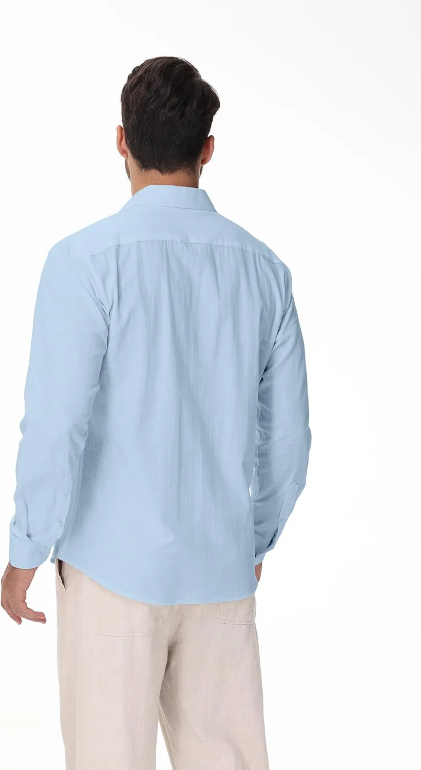 Linen Shirts for Men Casual Button Down Long Sleeve Shirt Solid Summer Beach Hawaiian Shirts