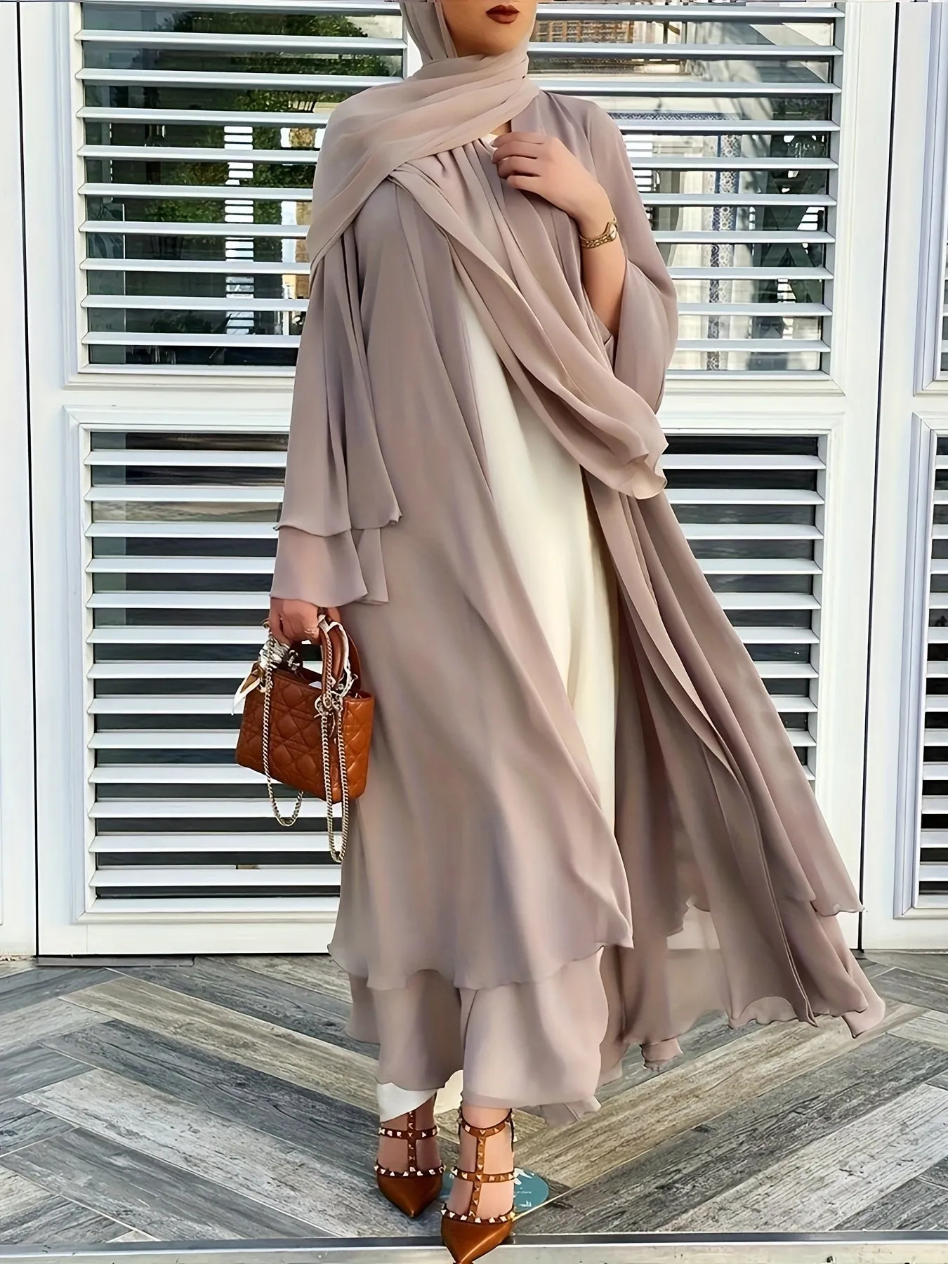 Long Sleeve Elegant Modest Cover Up Dress - Semi-Sheer, Solid Color, Polyester, Loose Fit, Middle East Style, Woven, No Elasticity, Perfect for All Seasons