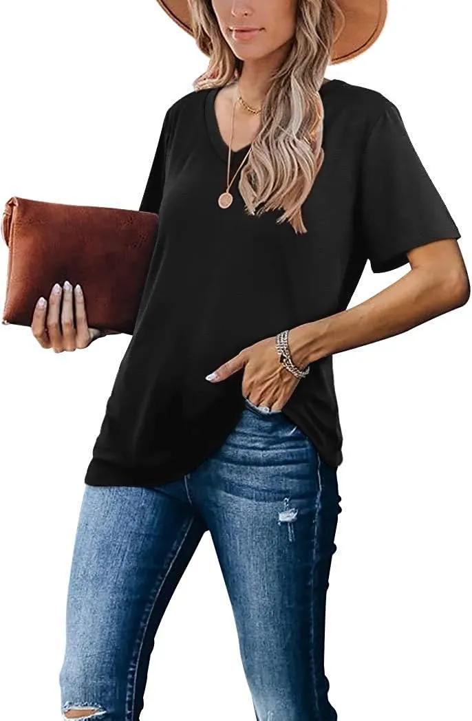 Lunivop Womens Tops Casual V Neck Short Sleeve Solid Color Basic T Shirt