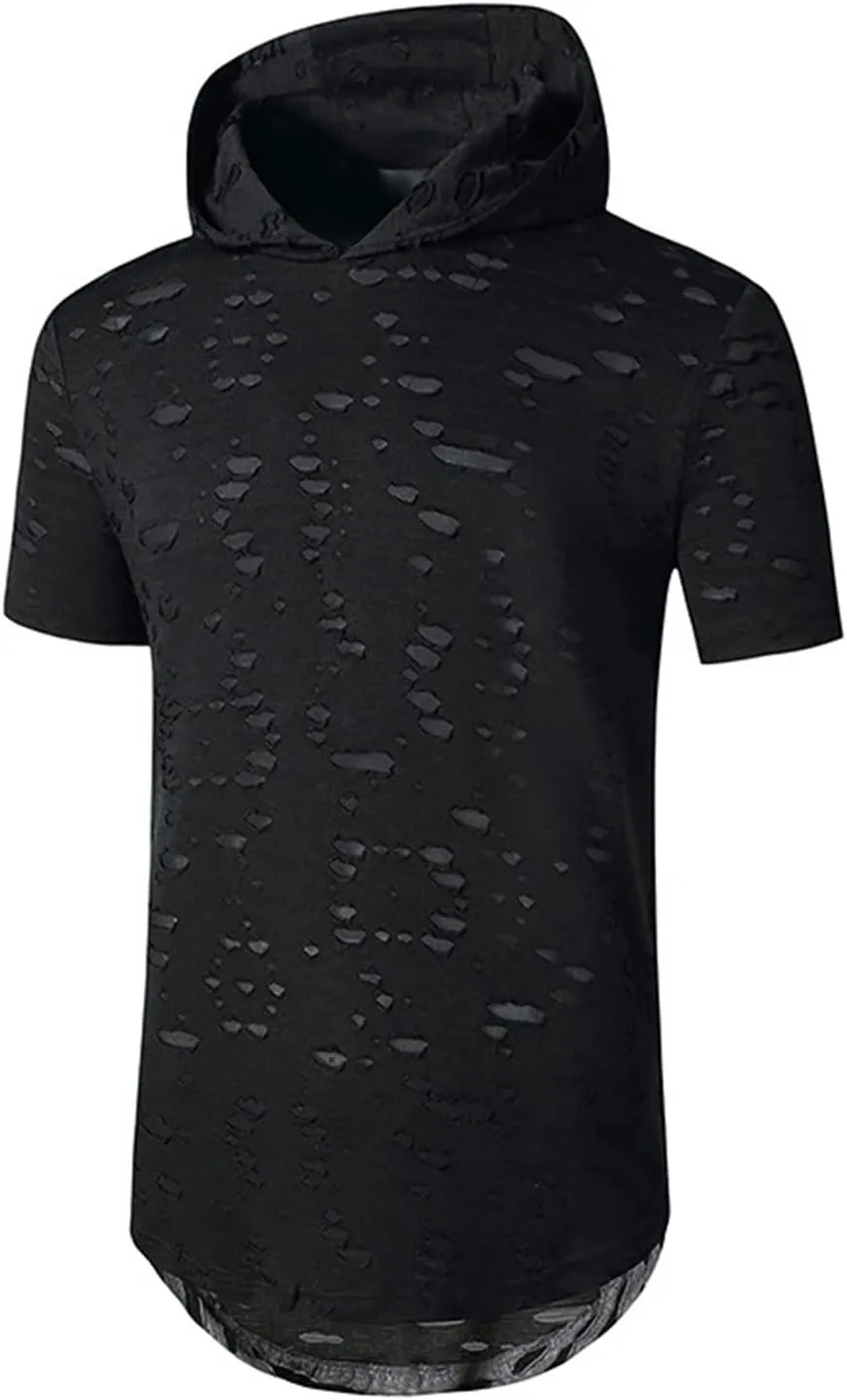 Maiyifu-GJ Mens Athletic Casual Longline Hipster T Shirt Hipster Hip Hop Hoodie Tee Solid Color Ripped Pullover Short Sleeve