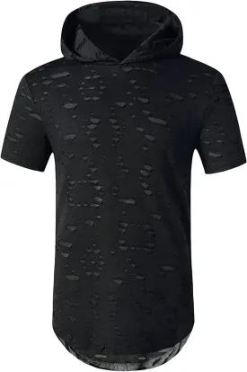 Maiyifu-GJ Mens Athletic Casual Longline Hipster T Shirt Hipster Hip Hop Hoodie Tee Solid Color Ripped Pullover Short Sleeve