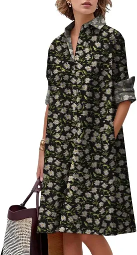 MARSVOVO Womens Linen Long Sleeve Midi Printed Button Down Shirt Dress Plus Size Loose Shirt Dresses for Women with 2 Pockets