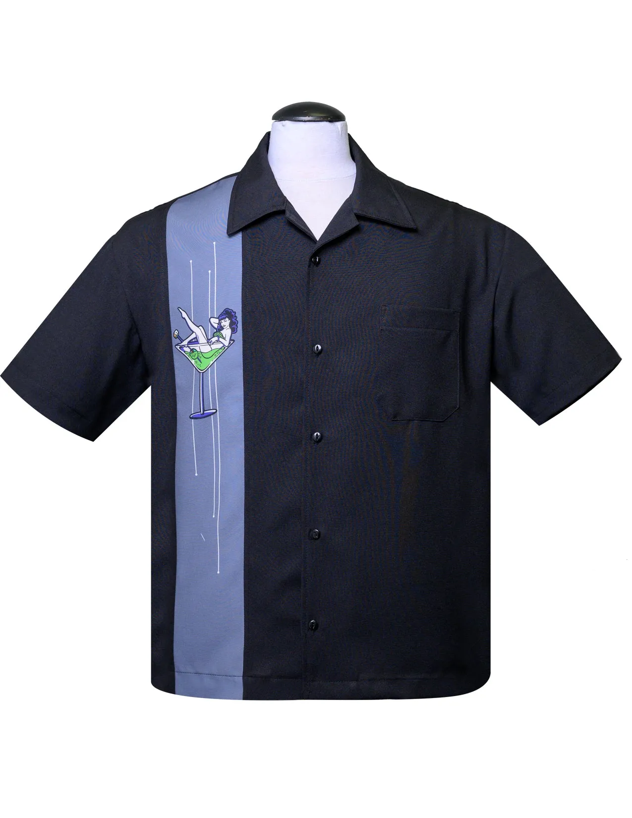Martini Girl Single Panel Bowling Shirt in Black/Charcoal